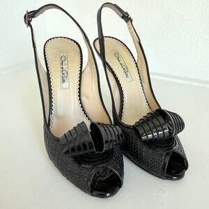 Oscar de la Renta Black Woven Slingback Heels Bow Peep Toe 38 Italy Luxury